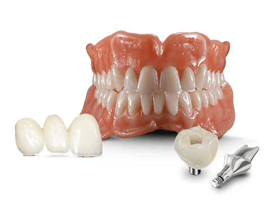 Full service lab products including dentures, fixed bridge restorations, and implants
